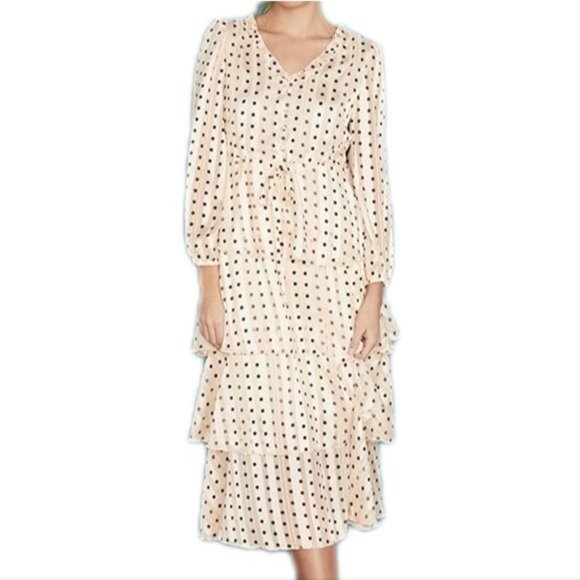 OPT Free People Tiered Dress Ivory Black Polka Dot Metallic Stripe - Picture 11 of 13